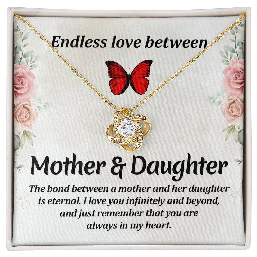 Endless Love Between Mother Infinity Knot CZ Necklace Gold Tone Standard Box